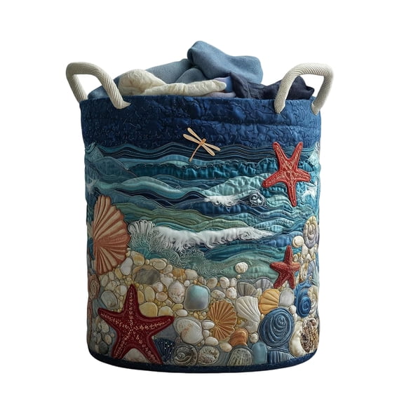 HUISZJ Quilted Laundry Basket, Large Capacity Quilted Laundry Basket, Boho Laundry Basket for Bedroom Clothes, Starfish Printed