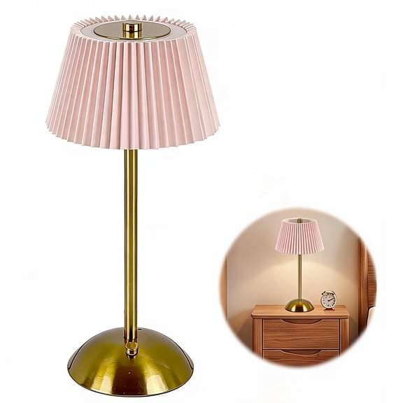 Yucurem Cordless Table Lamp, Pleated Fabric Table Lamp, Rechargeable Touch Light for Bedroom Home Office, Pink