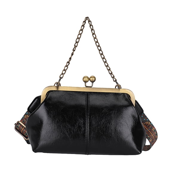 HUISZJ Retro Crossbody Bag, Popular Clip-On Evening Bag PU Leather Shoulder Bag, Kiss Lock Evening Clutch Crossbody Bag for Work Travel Outdoor (Black)