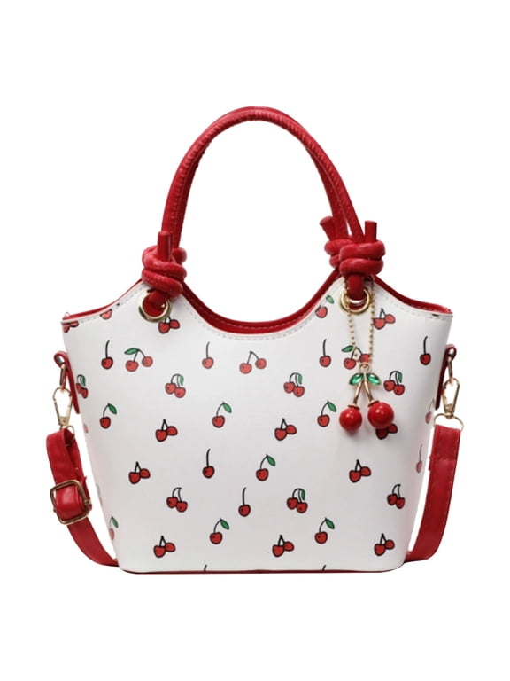 Shoulder Bag Cherry Printed, PU Leather Crossbody Bag, Adjustable Removable Strap Trendy Top-handle Bag for Travel Commute Work (Red)