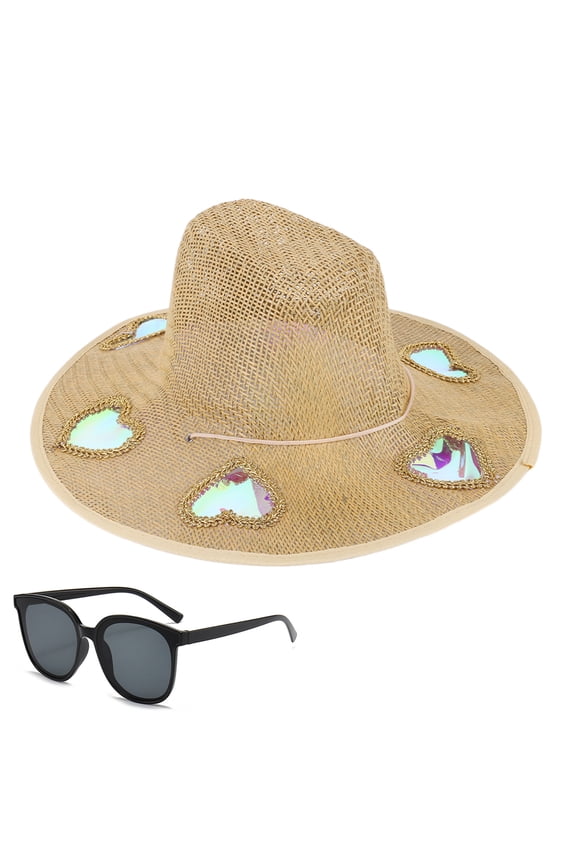 Straw Western Cowboy Hat, Vintage Summer Beach Bohemian Straw Hat with Adjustable Chin Strap, Wide Brim Sun Beach Hat for Party Beach Travel & Outdoor (Beige)