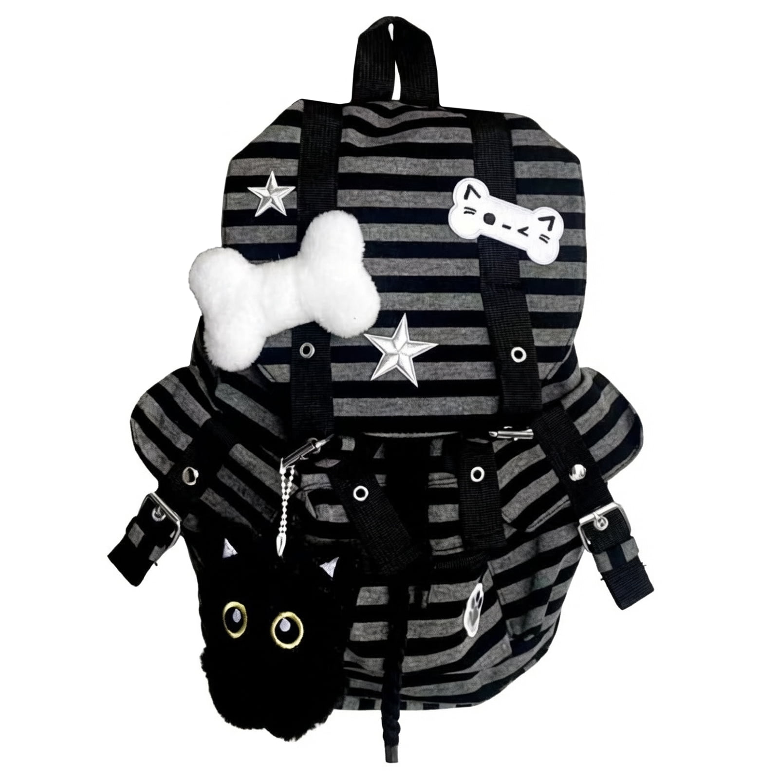 HUISZJ Striped Backpack, Large Capacity Vintage Stripe Bookbag, Multi-Pocket Cute Cat Rucksack for Travel Work School (Black)