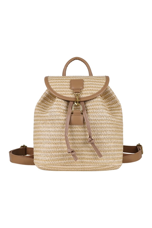 Striped Straw Backpack, Portable Schoolbag with Flap, Handmade Woven School Backpack for Shopping Commute, Khaki