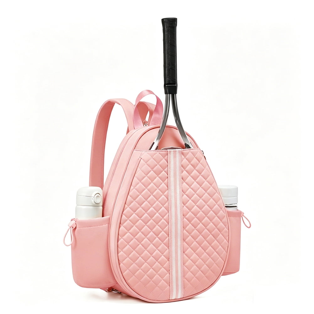 HUISZJ Tennis Bag, Water Resistant Quilted Tennis Sling Backpack with Water Bottle Holder, 16.54x12.6x1.85 inch Badminton Racket Bag for Women Men (Pink)