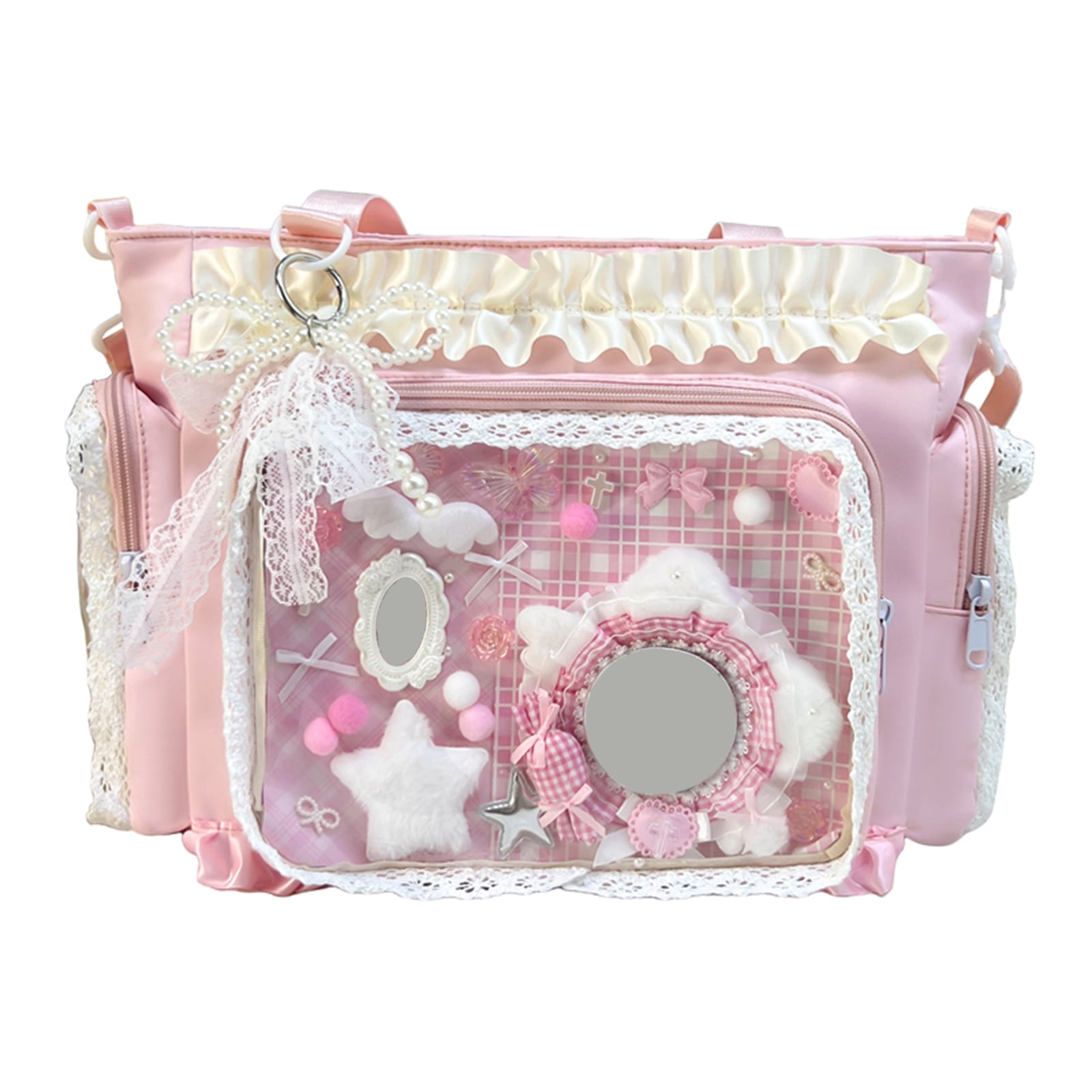 HUISZJ Transparent Square Ita Bag, Lolita Messenger Bag with Zipper & Pendant, DIY Badge Crossbody Bag Student Tote Bag for Shopping Travel Work Daily (Pink)