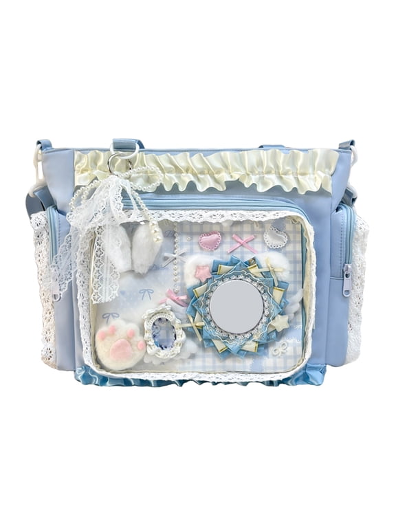 Transparent Square Ita Bag, Women Nylon Messenger Bag with Pin, DIY Badge Crossbody Bag for Shopping Travel Work (Blue)