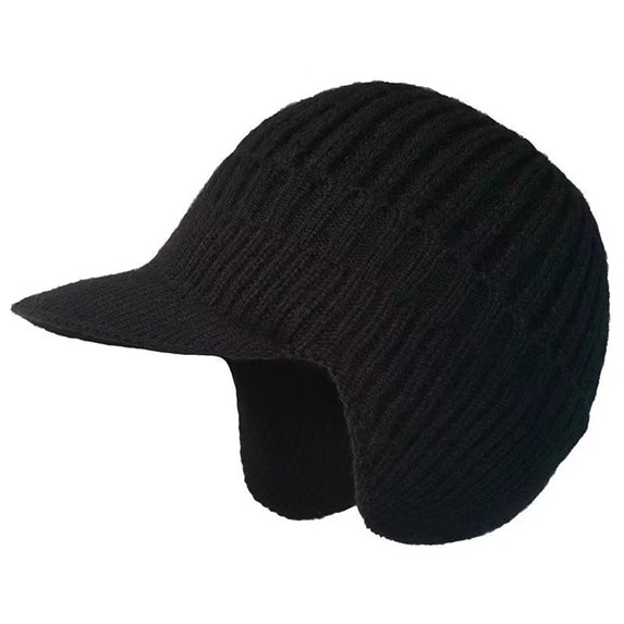 HUISZJ Winter Beanie Hat,Black Warm Knit Cap with Brim Ear Flaps, Outdoor Warm Thermal Knitted Stocking Cap for Women Men