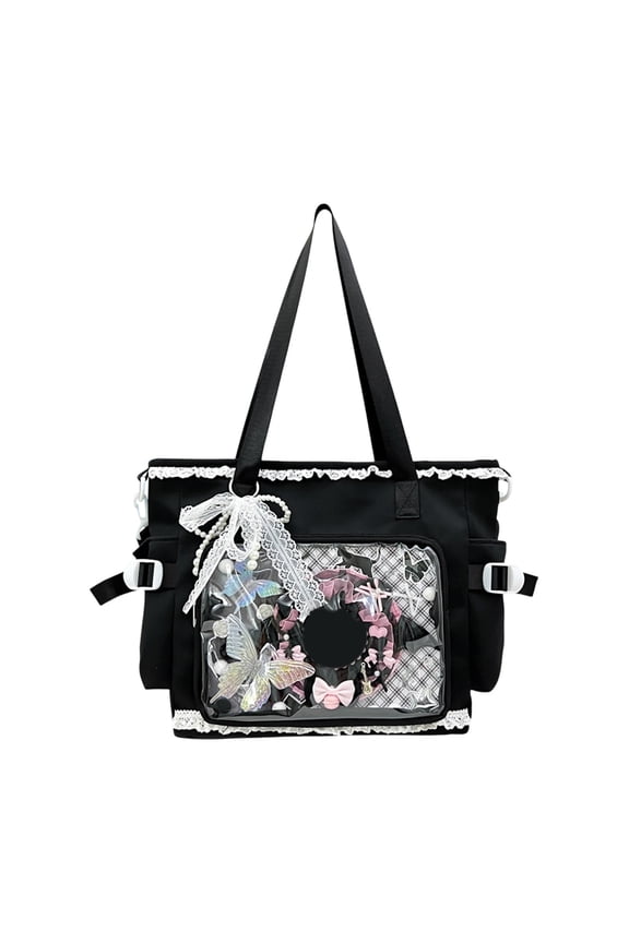 Women Preppy Messenger Bag, Adjustable Strap Preppy Y2K Messenger Bag, Cute Bow Anime Crossbody Bag for Travel Work (Black)