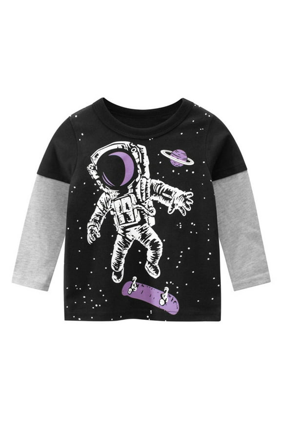 Boys Galaxy Print Long Sleeve Crewneck Tee Shirt Top for Toddler Children