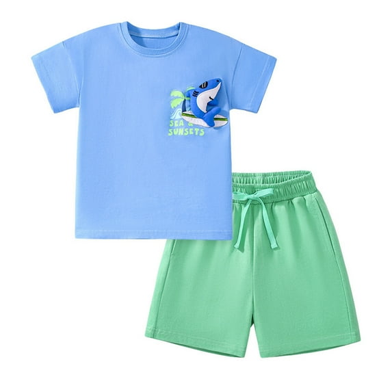 HUITKMM Boys Vacation Outfits Summer Boys' Cartoon Animal Pattern Round Neck Short Sleeved T Shirt and Short Pants Set