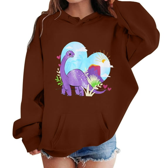 HUITKMM Dinosaur Print Girls Hooded Sweatshirt Winter Warm Soft Comfortable Pullover Outerwear for Toddler Kids Casual Playwear