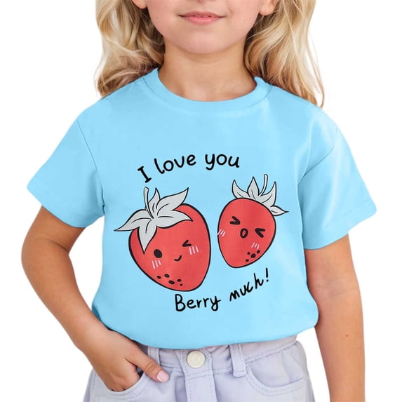HUITKMM Girls Cute Strawberry Print Short Sleeve T-Shirt, Casual Summer Tops 3-13Y