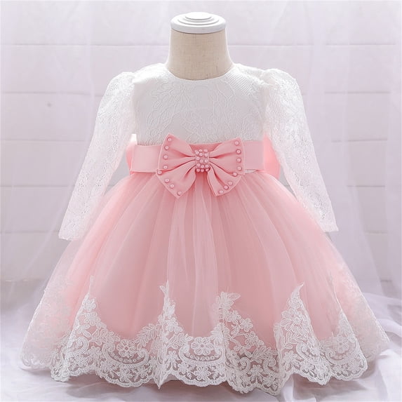 HUITKMM Girls Dresses Baby Girls Ruffle Long Sleeve Lace Bowknot Flower Dresses Pageant Party Wedding Dress