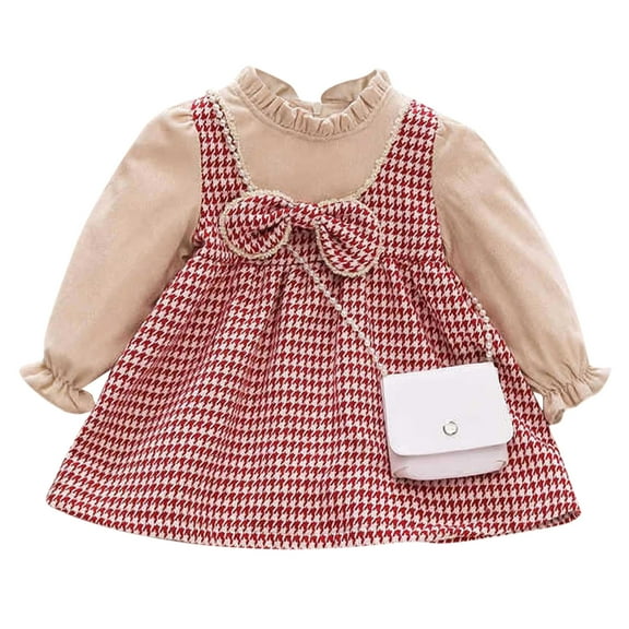 HUITKMM Girls Dresses Toddler Girls Winter Long Sleeve Bowknot Plaid Ruffle Dress Dress