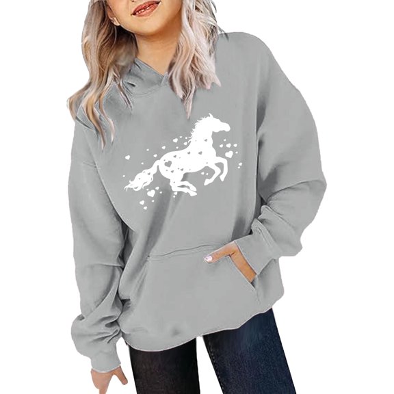 HUITKMM Girls Horse Print Hooded Sweatshirt Long Sleeve Pullover Top for Kids