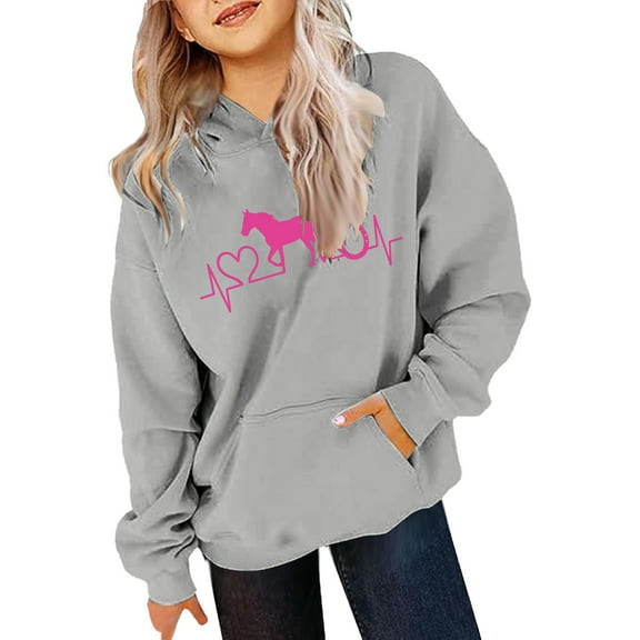 HUITKMM Girls Horse Print Long Sleeve Hooded Sweatshirt Pullover Top for Kids