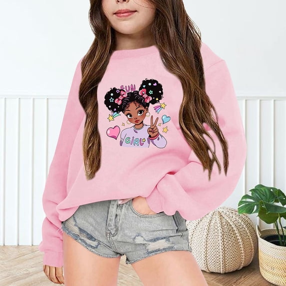 HUITKMM Girls Letter Print Sweatshirt Long Sleeve Round Neck Top for Autumn Winter Casual Wear