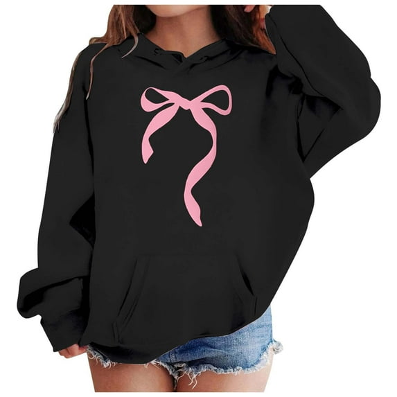 HUITKMM Girls Printed Bow Tie Long Sleeve Hooded Sweatshirt Fashion Casual Pullover Top