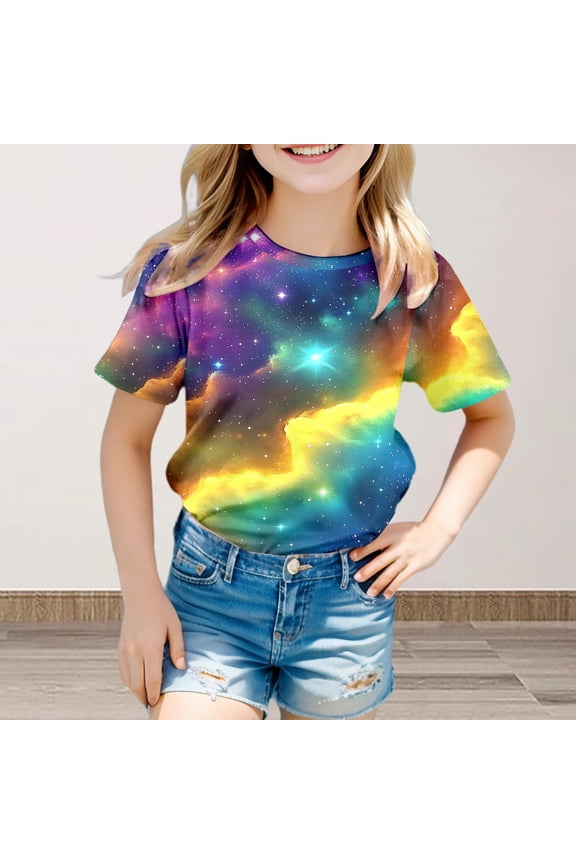 Girls Shirt Galaxy Shirt Girl's Short Sleeve Crew Neck Fancy T Shirt Top Teenager Girls 3D Print Glitter Tops for Carnival