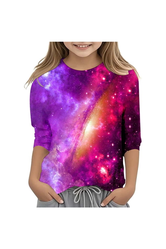 Girls Summer Clothes Girls Starry Sky Print Top 3/4 Sleeve Casual Shirt for Kids Cute Children's Clothing for Spring and Summer