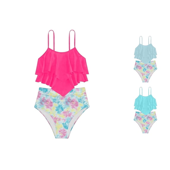 HUITKMM Girls' Swimwear Girls Two Piece Swimsuit High Waist Ruffle Bikini Floral Print Conservative Tankini for Kids Beach Pool