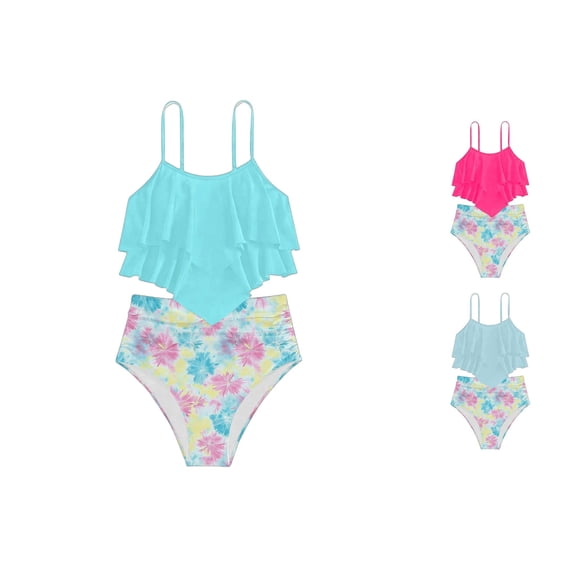 HUITKMM Girls' Swimwear Girls Two Piece Swimsuit High Waist Ruffle Bikini Floral Print Conservative Tankini for Kids Beach Pool