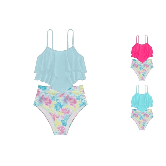 HUITKMM Girls' Swimwear Girls Two Piece Swimsuit High Waist Ruffle Bikini Floral Print Conservative Tankini for Kids Beach Pool