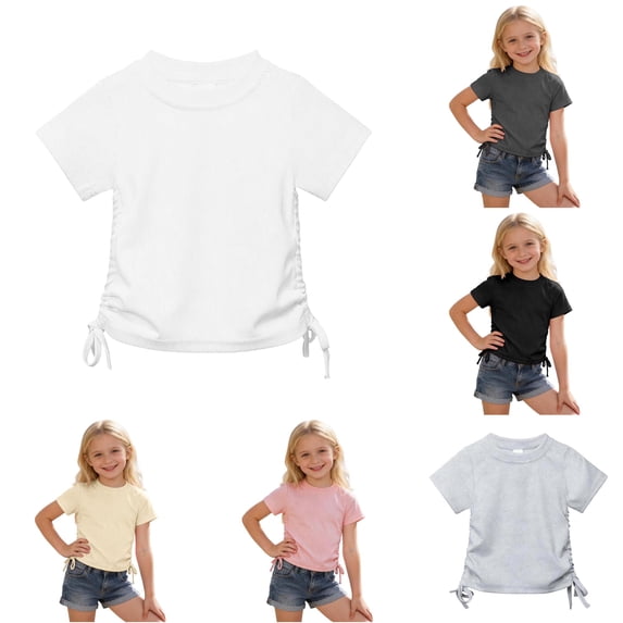 HUITKMM Girls Tops Short Sleeve Ribbed Tie Front Solid Crop Tee 2-13Y