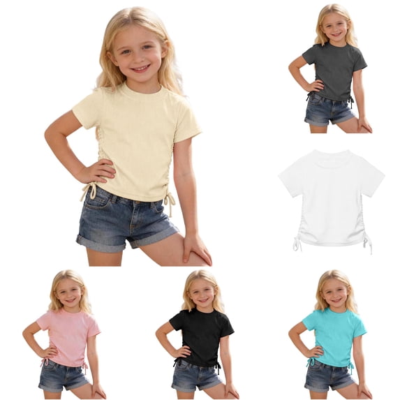 HUITKMM Girls Tops Short Sleeve Ribbed Tie Front Solid Crop Tee 2-13Y