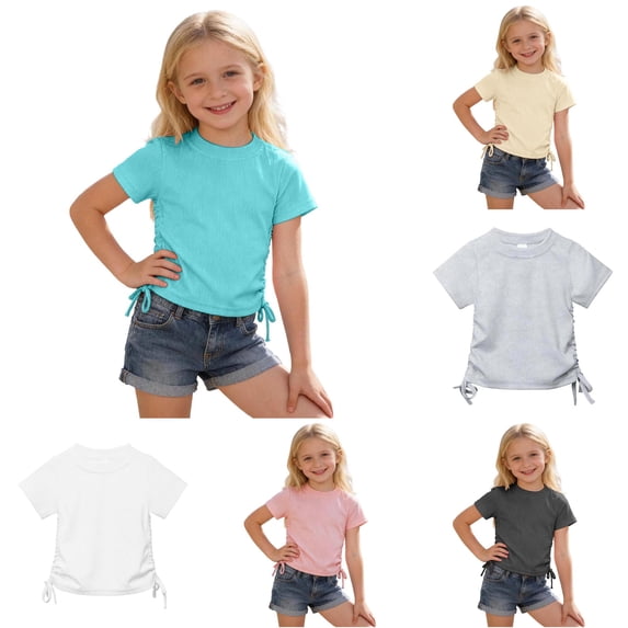 HUITKMM Girls Tops Short Sleeve Ribbed Tie Front Solid Crop Tee 2-13Y