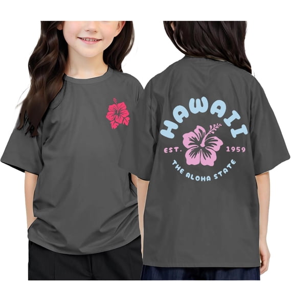 HUITKMM Kids Hawaii Hibiscus Print Crew Neck Short Sleeve T-Shirt, Casual Summer Tops for Boys & Girls