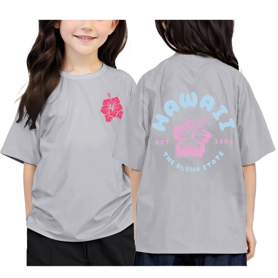 HUITKMM Kids Hawaii Hibiscus Print Crew Neck Short Sleeve T-Shirt, Casual Summer Tops for Boys & Girls