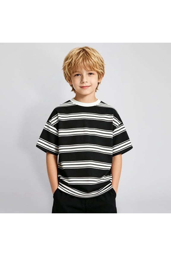 Kids Polyester Striped Tee Boys Black White Short Sleeve Crew Neck T-Shirt Daily Wear