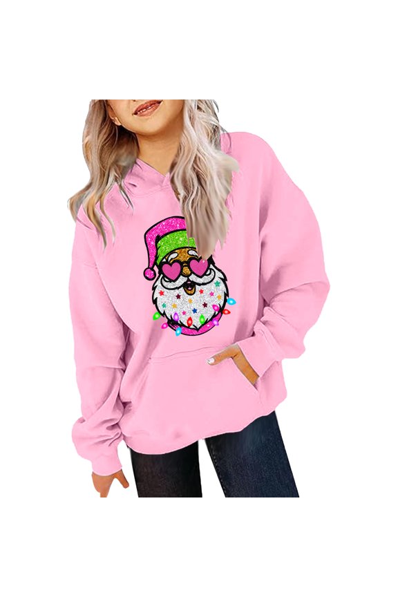 Santa Heart Sunglasses Christmas Girls Pullover Hoodie Festive Holiday Kids Sweatshirt 1962