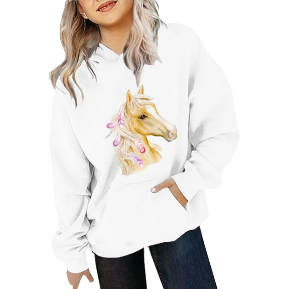 HUITKMM Themed Girls Long Sleeve Hooded Sweatshirt with Horse Print Design for Casual Wear