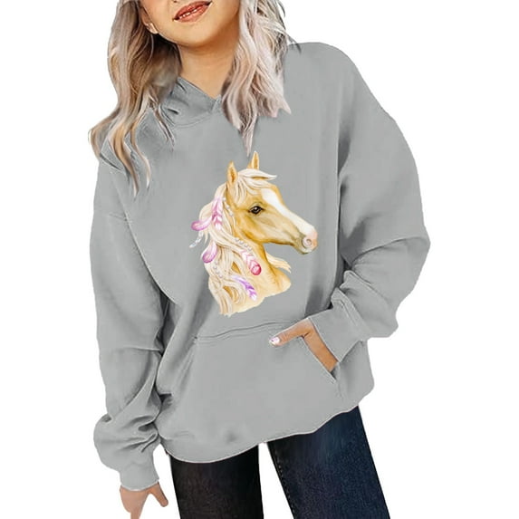 HUITKMM Themed Girls Long Sleeve Hooded Sweatshirt with Horse Print Design for Casual Wear