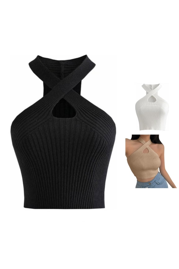 Womens Halter Top Cross Cutout Off Shoulder Cropped Knit Sleeveless Tops Size One Size