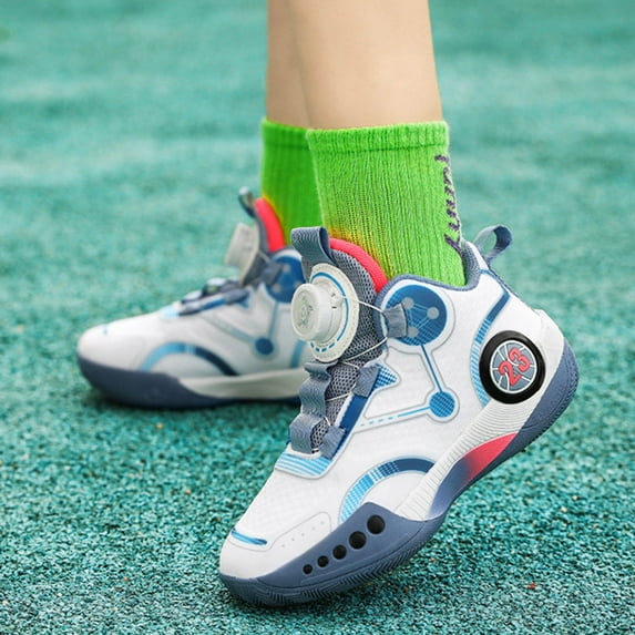 HUITKMM Youth 2024 New Mesh Children's Basketball Shoes Boys' Rotating Button Sports Shoes Medium and Large Children's Shoes