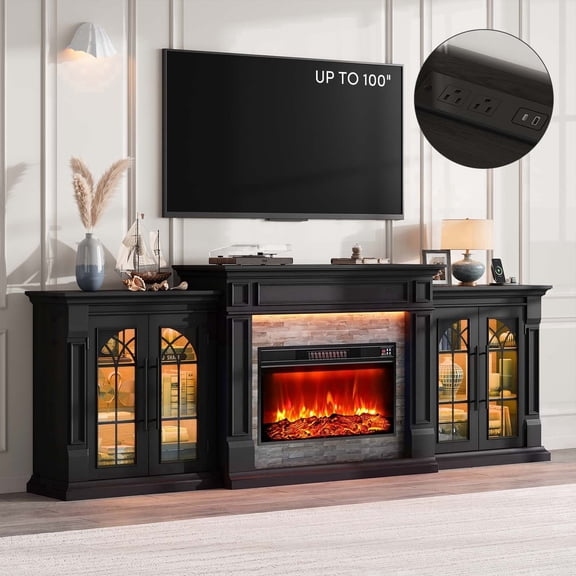HUJAUU 104" Fireplace TV Stand for 110'' TV with 30'' Electric Fireplace Insert, Modern LED Entertainment Center w/ USB-C, Adjustable Shelve, Black