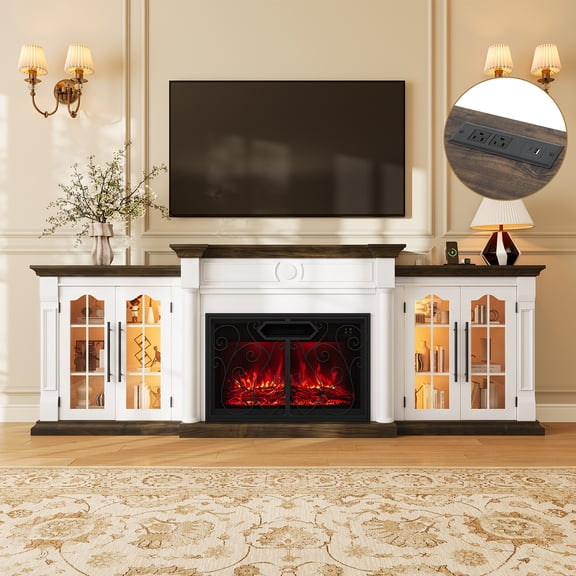 HUJAUU 104" Electric Fireplace TV Stand with 30″ Fireplace, LED Entertainment Center w/ Type C-B, Adjustable Shelve, Fireplace Screen, White Brown