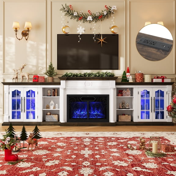 HUJAUU 135" Electric Fireplace TV Stand for Living Room with 30″ Fireplace, LED Entertainment Center w/Charge Station, Fireplace Screen, White Brown