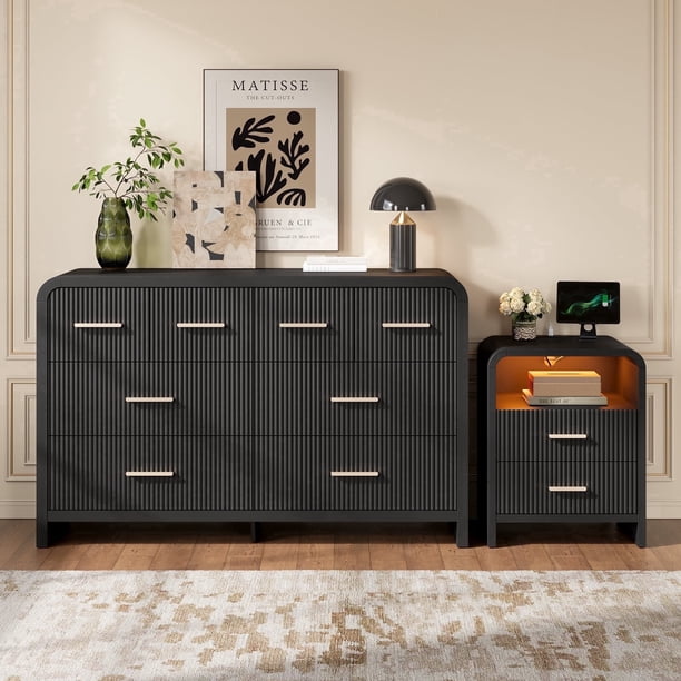 black and gold dresser and nightstand set Hujauu 2 Piece Set, 8-Drawer Wide Fluted Dresser & 2-Drawer Curved Nightstand with LED & Charging Station for Bedroom Painted Pattern