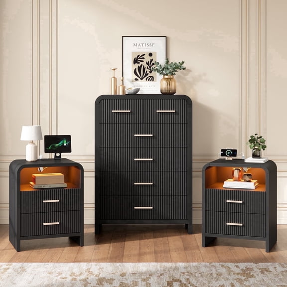 HUJAUU 3 Piece Bedroom Furniture Set, 6-Drawer Fluted Tall Dresser & 2-Drawer Curved Nightstand Set of 2 with LED& Charging Station, Black