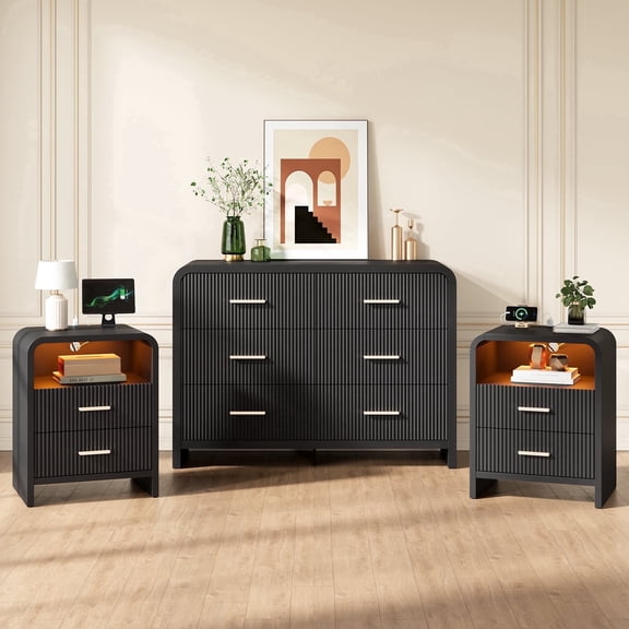 HUJAUU 3 Piece Dresser and Nightstand Set, Modern Fluted 6 Drawer Dresser & LED Curved 2 Drawer Nightstand Set of 2 with Charging Station, Black