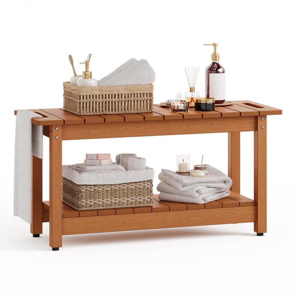 HUJAUU 35'' Shower Bench, HIPS All-Weather Shower Chair for Inside Shower, Waterproof Non-Slip Shower Stool with Storage Shelf- 400LBS Capacity, Brown