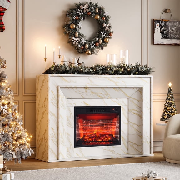 HUJAUU 51" Modern Fireplace TV Stand for Living Room, Entertainment Center with Faux Marble Finish & 23" Electric Fireplace Insert, White & Gold