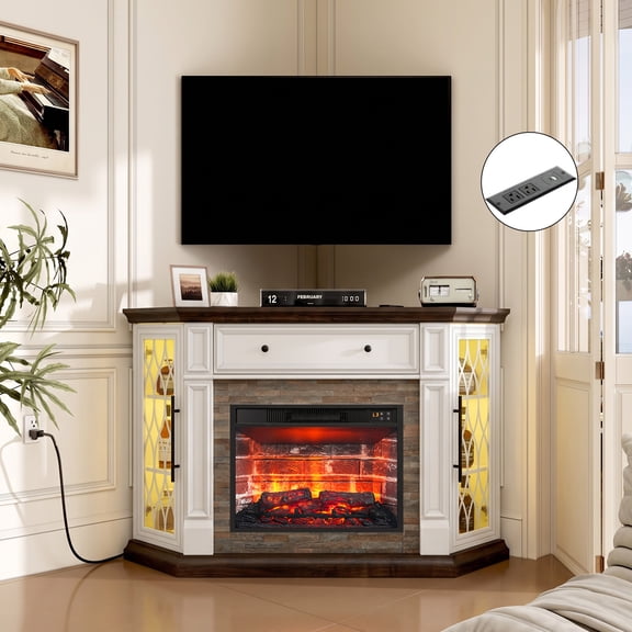 HUJAUU 56" Corner Fireplace TV Stand with 23'' Fireplace for TVs up to 66'', LED Entertainment Center w/ USB-C, Fit Corner Space, White Brown