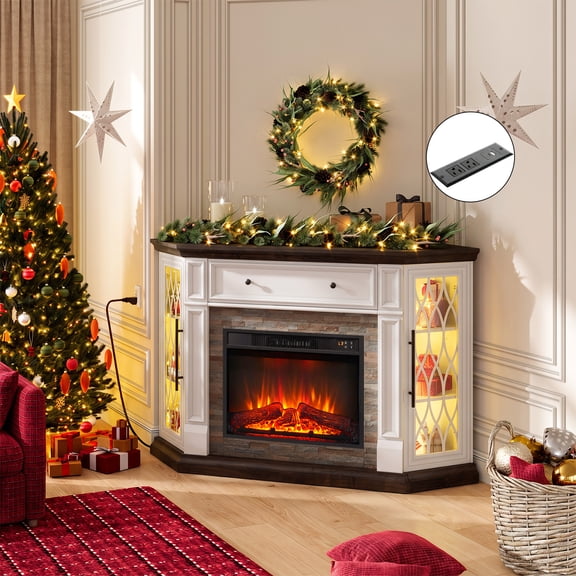 HUJAUU 56" Corner Fireplace TV Stand with LED & Charging Station, Adjustable Shelves, Open Compartment, 23" Electric Fireplace Insert, White Brown