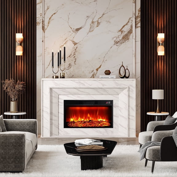 HUJAUU 58" Fireplace TV Stand for Living Room, Modern Entertainment Center with Faux Marble Finish & 30" Electric Fireplace Insert, White & Grey