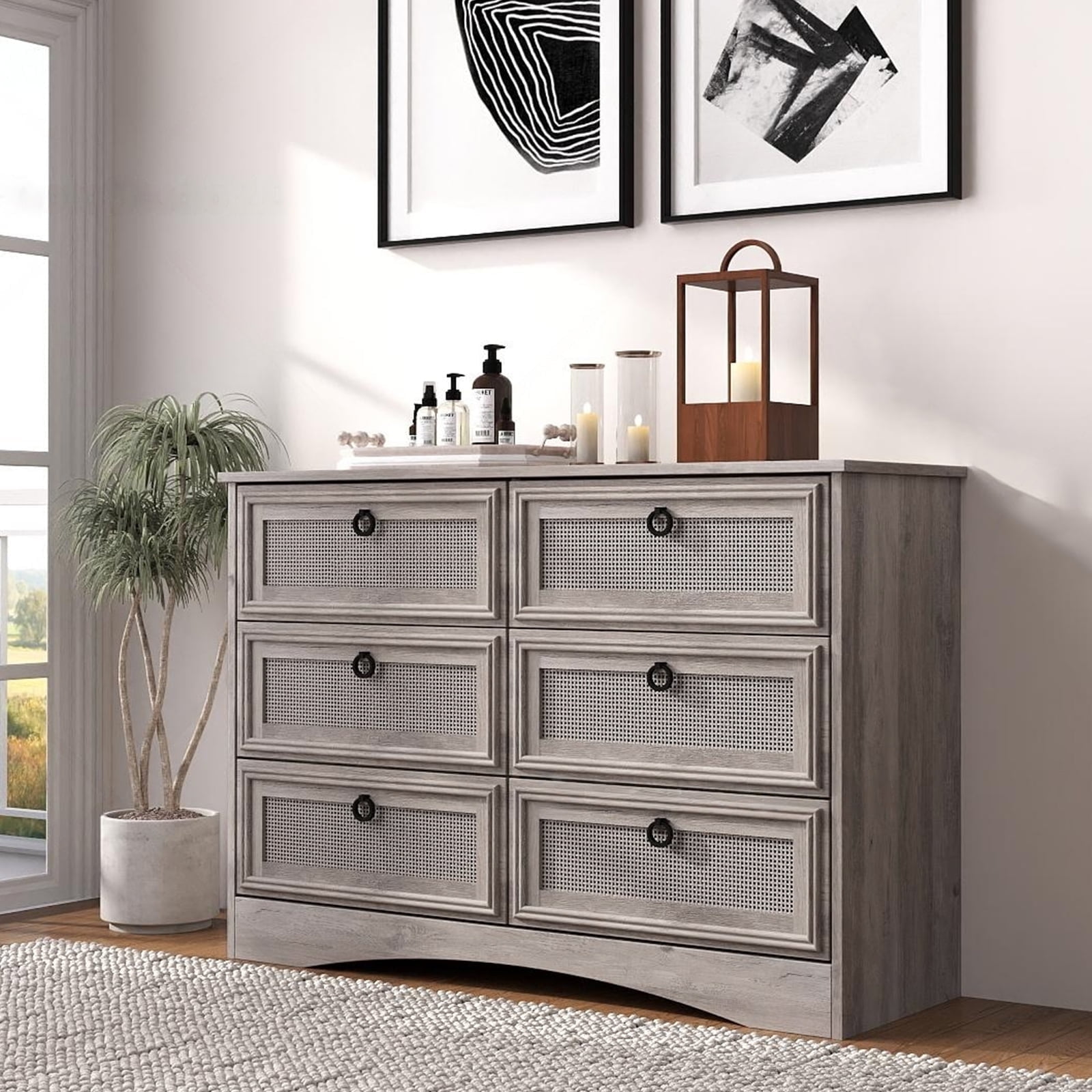 HUJAUU 6 Drawer Dresser for Bedroom, Rattan Wide Chest of Drawers for Living Room, Gray
